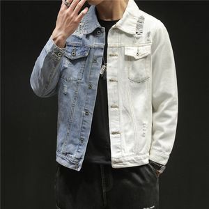 2020 mężczyźni hip-hopowy niebieski biały patchwork dopasowane jeansy kurtki Streetwear mężczyzna jednokolorowa bawełna casualowa kurtka dżinsowa Plus rozmiar 5XL