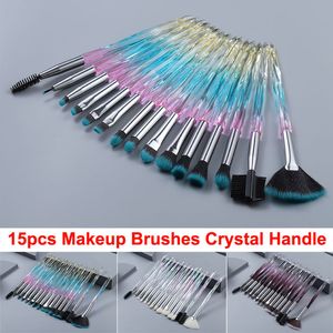 15-teiliges buntes Make-up-Pinsel-Set, Kristallpinsel, Gesicht, Augen, Lippen, Lidschatten, Eyeliner, Augenbrauen, Wimpern, Kantenkontrollpinsel, Brochas, Kosmetikpinsel