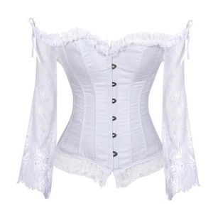 Plus Size Women Steampunk Corset Blue Sexig långärmad spetskorett Lace Up Bustiers Top Victorian Club Wedding Party Shirts