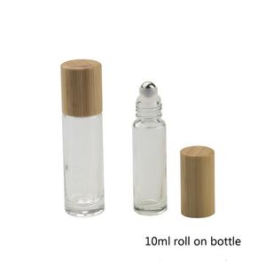 Tampa de bambu Cap Roll on Bola de vidro Roll on garrafa portátil frasco de petróleo essencial com rolo de aço inoxidável bola 10ml LX2367