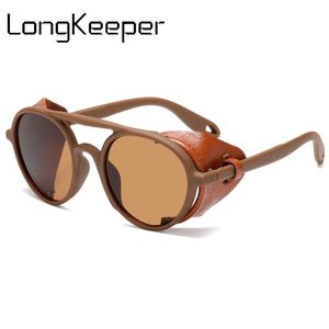 Vintage Steampunk Sunglasses Homens Mulheres de Couro com Escudos Laterais Estilo Rodada Sol Óculos Senhoras Cool óculos UV400 Gafas