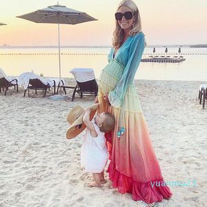 Wholesale-Summer Women Dresses Sexy Bohemian Style Gradient Color Long Sleeve V Neck Women Beach Dresses Casual Womens long Dresses