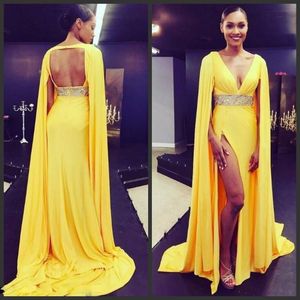 Yellow Fashion Prom Dresses V Neck Long Sleeves Sexy Backless Cocktail Party Gowns Sashes Side Split Formal Evening Dresses With Wrap