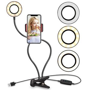 2 em 1 selfie Luz Anel com Phone Holder Suporte móvel preguiçoso Suporte Desk Lamp para a composição ao vivo Camera LED flexível Braços