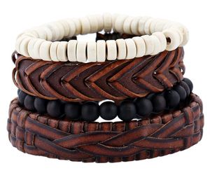 2020 Hot sale Men's genuine leather bracelet DIY PU Retro Brown braid Bead Bracelet Combination suit Bracelet 4styles/1set