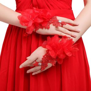 Women Embroidery Lace Fingerless Gloves Artificial Flower Rhinestone Beads Wedding Bridal Formal Short Mittens