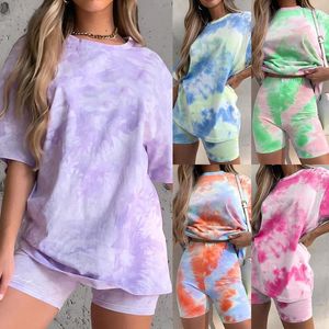 Summer Women clothing set Tie Dye Loose T-shirt Round Collar short sleeve top + Shorts 2pcs/set Fashion Matching Sets Sportwear