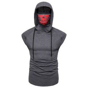 Hoodies de verão masculino com máscara de impressão preto cinza elasticidade casaco fino sem mangas estilo motociclista legal moletom com capuz masculino