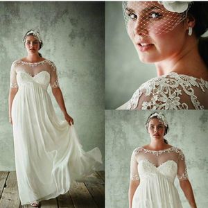 Vestidos de noiva plus size praia de verão manga curta veja através da princesa romântica elegante apliques chiffon boho vestido de noiva