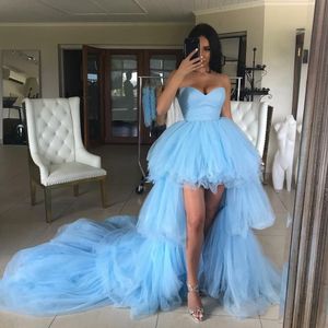 Cześć Lo Sky Blue Prom Dresses Sexy Sweetheart Neck Ruffles Tulle Suknie Wieczorowe Formalna Pacjenta Dress Vestidos de Novia