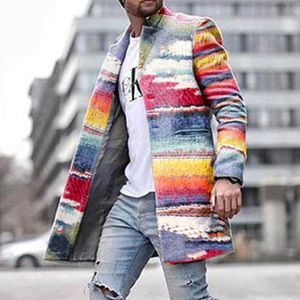 Men's Long Blazer Coats Office Overcoat 4XL Autumn And Winter Rainbow Print Warm Coat Men Plus Size Outwear Black Warm