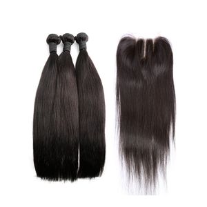 Human Hair Wefts With Lace Closure 3 Part Brazilian Hair Silky Straight Natural Color 8-34 Inch