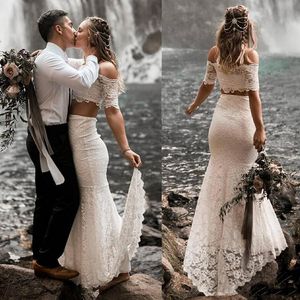 Abiti da sposa da spiaggia in due pezzi 2020 con spalle scoperte Abiti da sposa Boho da giardino Abiti da sposa Country