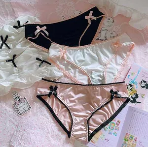 Cute Bowknot French Retro Panties Girls Student Lolita Kawaii Solid color Underpants Lace Satin Low Waist Sweet briefs