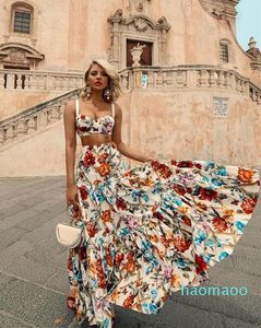 Hot sale-Summer Womens Dresses Sleeveless 2Pcs Sets Ruffled Western Style Sexy Leisure Beach Skirt Flora Printed Dresses Multi Choice Dress