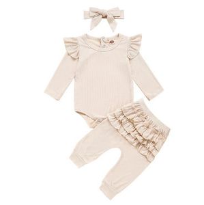 Mädchen Kleidung Säuglings Mädchen Fliegen Sleeve Strampler Rüschen Hosen Stirnband 3 stücke Sets Solide Neugeborenen Outfits Boutique Baby Kleidung DW4860