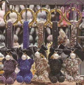 Unisex Full Rhinestone Cartoon Little Bear Crystal Bow Brelok Key Chain Pierścionek Uchwyt Wisiorek Torba Damska Pearl Torebka Breloczek