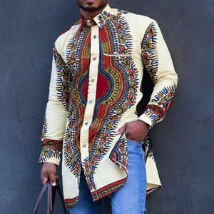 Camisas Casuais Masculinas Africanas Camisas Tops Manga Longa Retro Outono 2020 Muçulmano Geométrico Impresso Blusas de Negócios Tops Camisas Single-Breasted
