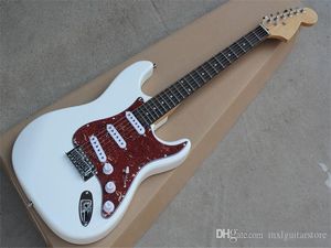 مصنع بالجملة الأبيض الجسم غيتار كهربائي مع 3 دواليب، أحمر Pickguard ل، والكروم الاجهزه، روزوود وحة الفريتس، ​​عرض Cutmomized