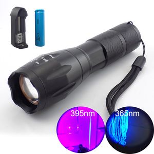 365NM 395NM 고전력 UV LED Flashilight Zoom 형광 형광 블랙 라이트 자외선 18650 플래시 램프 라이트 횃불 탐지