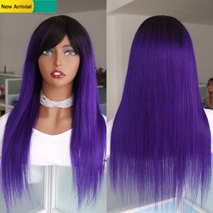 Parrucca di capelli umani Ombre viola con frangia frontale per le donne nere Parrucche di pizzo Glueless indiane grezze lunghe diritte Remy Parrucca colorata fatta a macchina a buon mercato