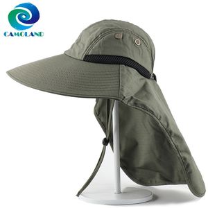 Camolad mens bucket hattar med nacke flap sommar sol hatt för kvinnor lång breda randen fiske kepsar utomhus UV skydd vandring hatt y200619