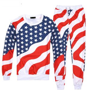 New Fashion Men/Women American Flag Print Tracksuits Crewneck Sweatshirt+Pants 2pcs Pullovers joggers set Plus S-XXL
