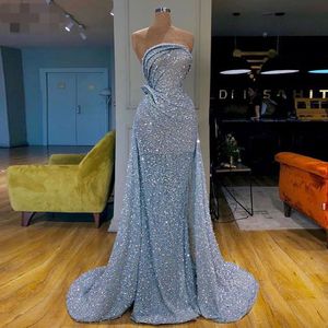 2020 Blue Sequins Overkirts Formal Evening Dresses Mermaid Stropless Arabiska Kvinnor Prom Klänningar Pagant Födelsedag Party Gowns Plus Storlek