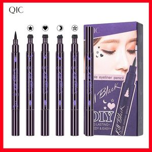 Beleza QIC Mate Preto Duplo Eyeliner Stamp Pen Longa Duração Speedy impermeáveis ​​Olhos Maquiagem com lua Estrela do coração ou flor de ameixa mínimo 50pcs