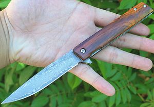 Specialerbjudande Kullager Flipper Vikkniv VG10 Damascus Steel Drop Point Blade Rosewood Rostfritt stål Plåthandtag EDC-knivar