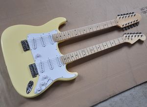 Fabrika Toptan Sarı 12 + 6 Dizeler Çift Boyun Elektro Gitar 3S Pikapları, Akçaağaç Klavarası, Beyaz Pickguard, Özelleştirilebilir