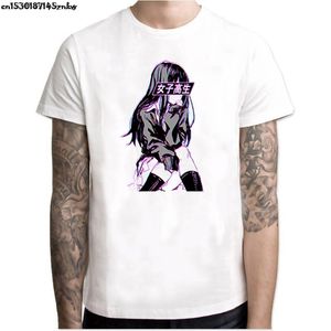 Heren T shirts Schoolmeisje Glitch Droevig Japanse Anime Esthetische T shirt Katoen Zomer Kleding Mannen O hals Tumblr White P37