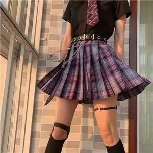 Женщины фиолетовые черные готические плиссированные клетчатые юбки летняя высокая талия Корея Хараджуку Японская милая сексуальная мини-юбка A-Line Косплей косплей
