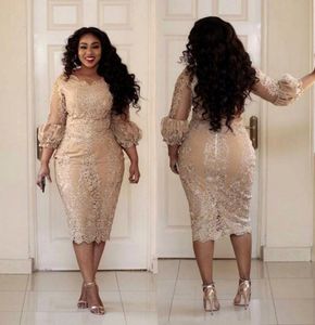 African Champagne Mother Of The Dresses Jewel Neck Applique Illusion 3/4 Sleeve Long Sleeve Evening Gowns Plus Size Prom Dress
