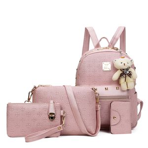 Designer - Conjunto de 4 peças Mochila feminina de marca com bolsa de couro PU em relevo Mochila para meninas Bolsa escolar de alta qualidade Bolsas de viagem