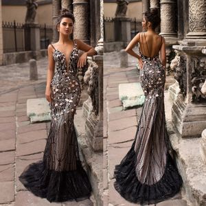 Graciosas Lace sereia Vestidos Sheer Mergulhando Neck lantejoulas Prom Vestidos Appliqued até o chão vestido formal