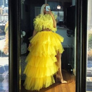 Trendy Yellow Two Pieces High Low Cocktail Party Dresses Extra Puffy Tulle Skirt Ruffle Prom Gowns Tiered Tutu Robe De Soiree Girls Vestidos