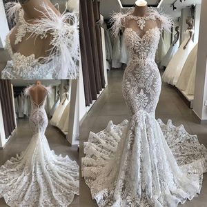 2020 Robe De Mariee Luxurious Wedding Dresses Floor Length Lace Mermaid Custom Made Bridal Gowns Feather Vestido De Novia Sirena209F