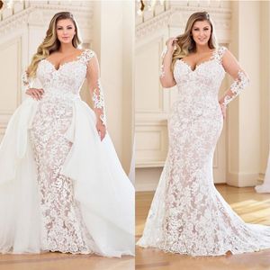 Abiti da sposa a sirena modesti plus size con strascico staccabile manica lunga abito da sposa con applicazioni in pizzo pieno scollo a V Abiti da sposa277O