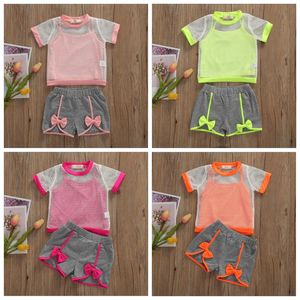 Kids Designer Clothes Girls Summer Mesh Tracksuits Suspenders Blouse Shorts Sportsuit Crop Tops Smock Pant Outfits Work Out Sportwear BC7579