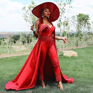 Red Jumpsuit Overskirt Prom Dresses With Pearls Beads Ruched Robe de soiree Satin Celebrity Party Dress Outfit Mermaid Evening Gowns