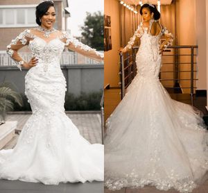 Luksusowe suknie ślubne Sheer Neck Aplikacje Kwiaty Illusion Długie Rękawy Plus Rozmiar Suknia Ślubna Kobiety Formalne Szaty Bridal De Mariée