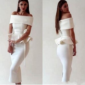 White Satin Cocktail Dresses 2020 Arabic Dubai Short Prom Gown Women Off Shoulder Tea Length Peplum Evening Occasion Gowns Party Wear AL6654