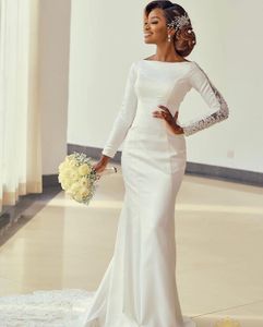 2020 Arabski ASO EBI Wspaniałe koronkowe sukienki ślubne z koralikami syrena długie rękawy sukienki ślubne Satynowe suknie ślubne ZJ224324o