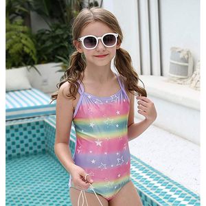소녀를위한 원피스 수영복, 스트랩 크로스 백 어린이 수영복 인쇄 수영복 어린이를위한 줄무늬 및 별 인쇄