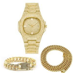 Hip Hop Biżuteria Zestawy dla Unisex Iced Out Diamond Watch Dla Kobiet Moda Męska Zegarek Kwarcowy Złoty Zegar Męski Bransoletka Naszyjnik CX200720