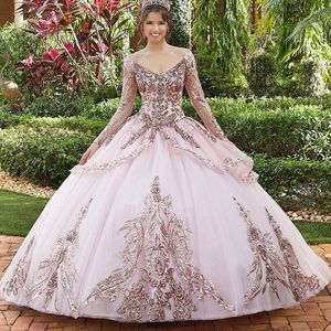 Purple Long Sleeves Quinceanera Dresses with Sequin Applqiues V Neck Sweet 16 Party Gowns vestidos de 15 anos Dress
