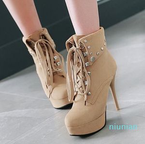 Hot sale-Small big size 32 to 42 to 48 fashion rivets collars high heel ankle boots winter add plush 11cm