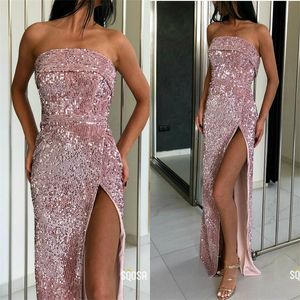 Glitter Pink Mermaid Evening Dresses Sexy Strapless High-split Sequins Bling Formal Bridal Gown Sweep Train Custom Made Party Gown