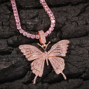 2021 novo moda cor-de-rosa cor diamante gelado fora cúbico zircônia pedras cheias borboleta pingente de ouro prata mens hip hop jóias